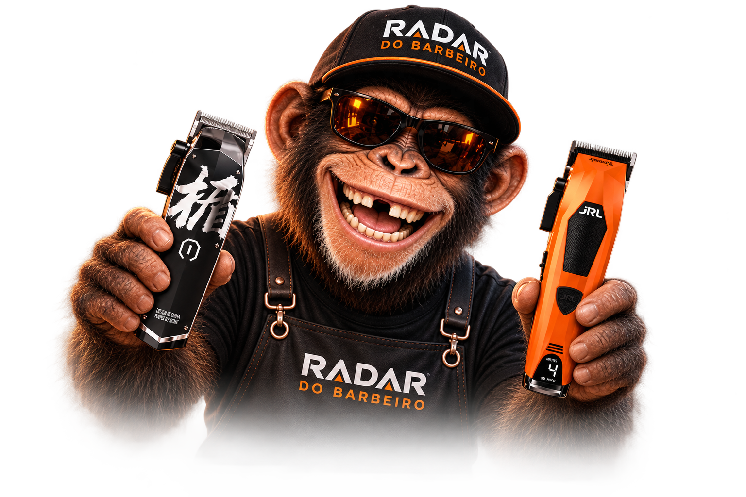 Mascote do Radar do Barbeiro segurando duas máquinas de corte JRL